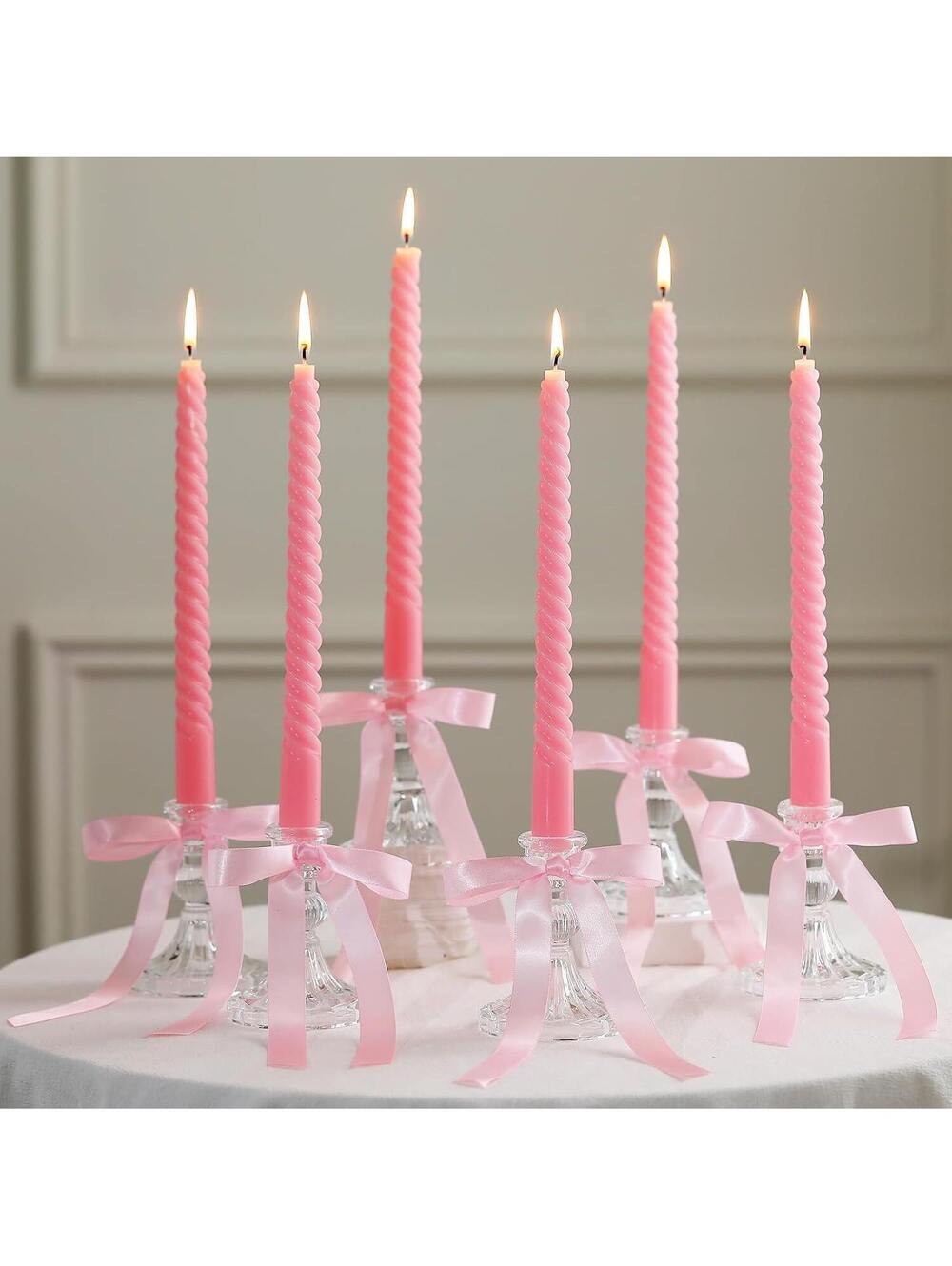 6 Pink Bow Taper Candles Glass Holders Coquette
